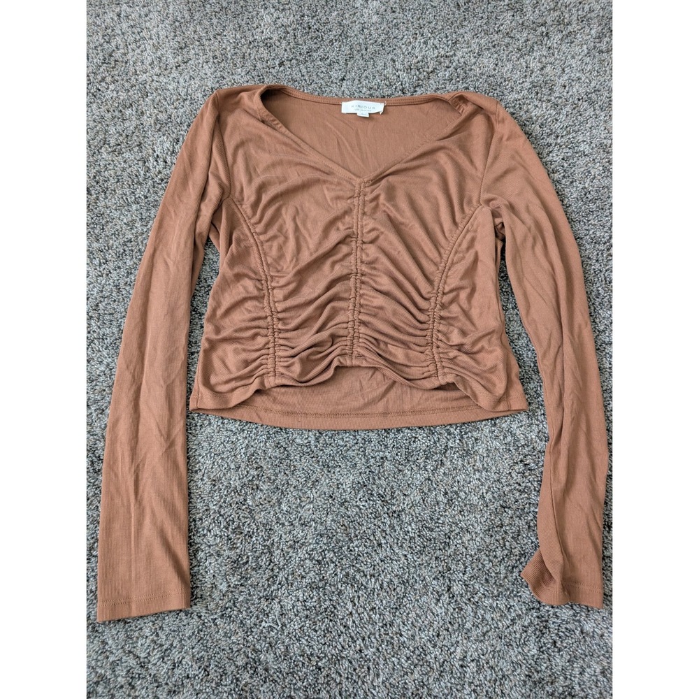 Kirious Los Angeles Womens Brown Ribbed Ruched V-Neck Long Sleeve Crop Top Large